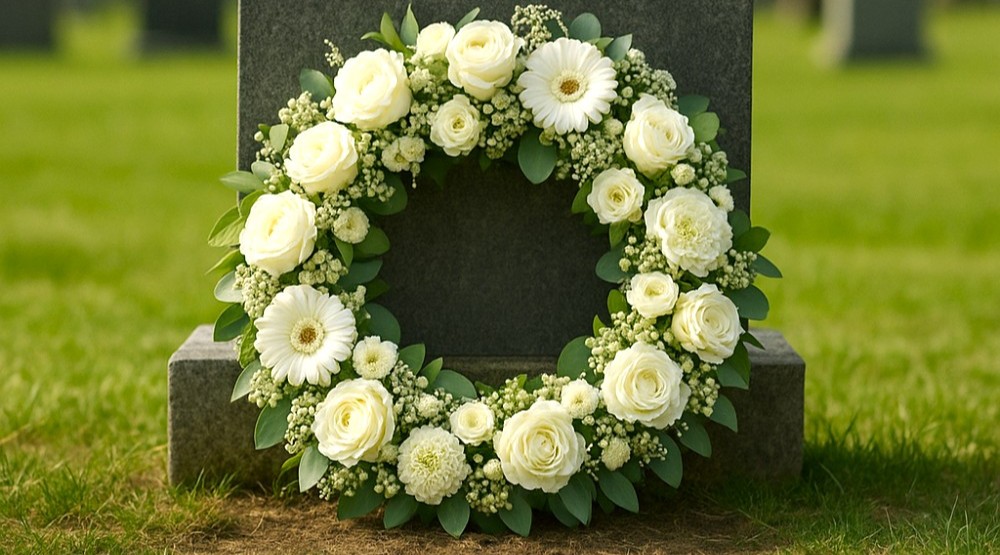  En vakker krans laget av ulike ville blomster og grønne blader, inkludert protea i nyanser av rødt og rosa, omgitt av små, hvite blomster og dype grønne blader. Den har en harmonisk fargepalett med jordtoner som gir et naturlig og rustikt uttrykk. Foto.