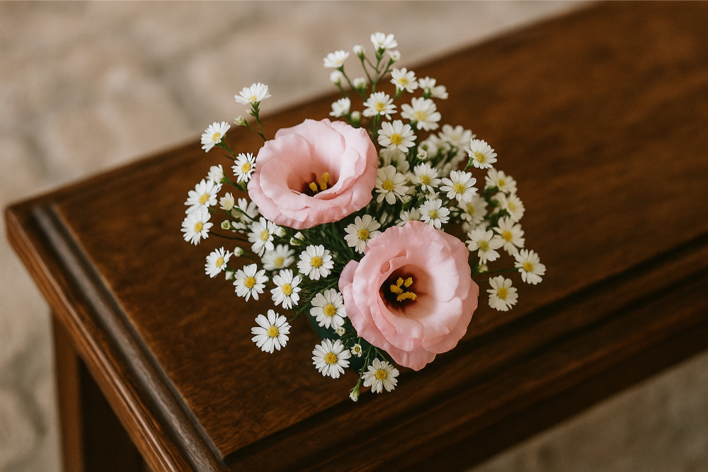 En vase med blomster i lyse farger sett ovenifra. Foto.